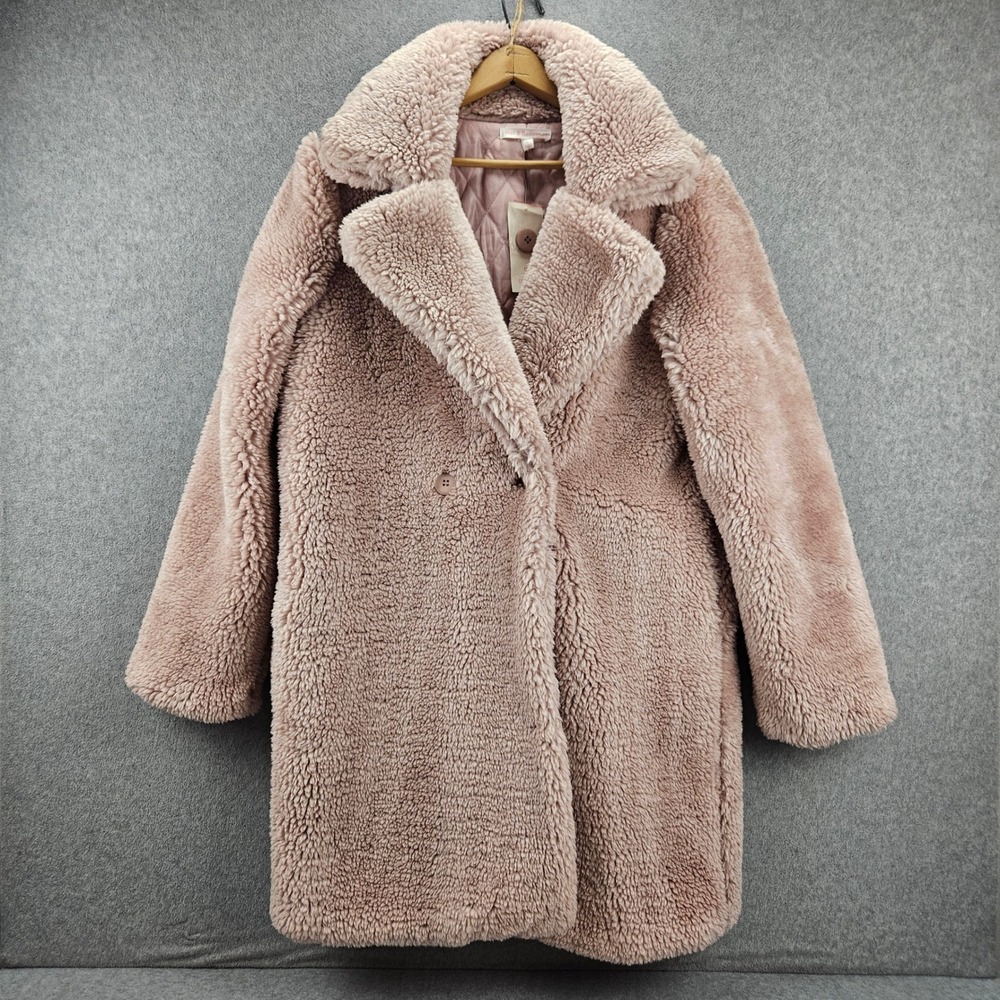 HOT & DELICIOUS Teddy Coat Women L Pink Faux Fur Sherpa Long Jacket Outerwear